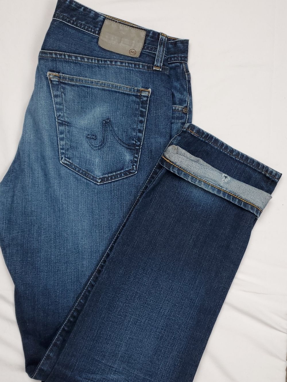 AG Adriano Goldschmied Men 36R Straight Leg Dark Blue Wash Distressed Jeans